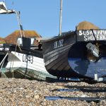 Nick Jenkins’ two boats, Challenger and Susan Amanda, together on the Lancing shingle beach, beside his lockers and winch cables.