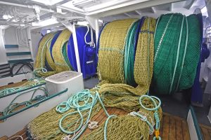Faithlie Trawl and Fidelis Nets made the low-standing twin-rig prawn trawls Uberous is towing now.