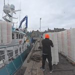 Uberous takes her first consignment of Box Pool Solutions fishboxes aboard at Fraserburgh, before the vessel’s maiden trip.