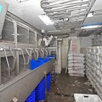 A well-filled fishroom, forward of the receiving hoppers and two sets of scales and labelling machines, at the end of a successful first trip.