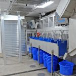 Clear-fronted holding bins are positioned between two sets of fish-weighing and labelling equipment, as part of the highly automated VCU catch-handling and management system installed on Audacious.