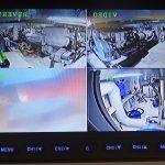 The split-screen CCTV display in the overhead console includes imagery from the underwater camera monitoring the propeller and rudder.