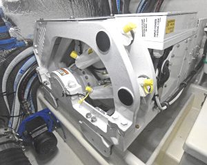 The compact Seakeeper 6 gyro stabilisation unit is fitted to starboard in the engineroom…
