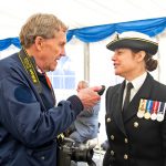 Commander Sarah Oakley of the Royal Navy Fishery Protection Squadron, being interviewed by John Periam.