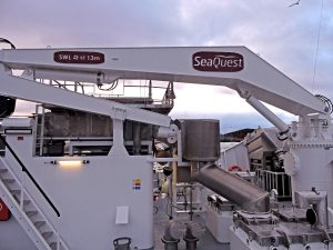 A SeaQuest 4t/11m knuckle-boom crane covers the foredeck.
