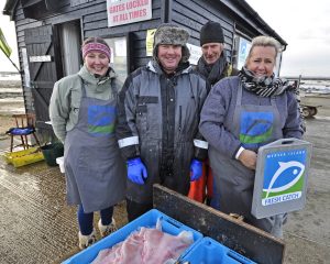 The team, from left to right – Fiona Sparks (sales operative), Johnny French (fisherman/supplier/filleter), Tim Cook (fisherman/supplier/filleter/tea-maker), Fran French (sales operative and everything else).