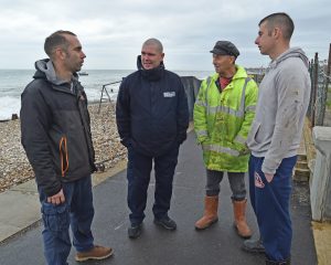 Communication is what Nick O’Neill’s role is all about – Nick (second left) talking with Selsey fishermen Chris Harvey, Jeremy Lawrence and Mike Harvey. (Photos Geoff Lee)