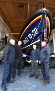 Nick O’Neill with the crew of Selsey’s Shannon-class lifeboat Denise and Eric – Michael Cowling, Phil Pitham and Martin Rudwick.