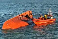 The upturned hull of the Belgian beamer Assanat Z 582 that capsized off Ramsgate two years ago – Nick still remains in contact with the sole survivor.