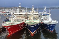 The Fraserburgh midwater trawler Christina S discharging blue whiting on the new pier at Killybegs, berthed on the inside of the Norwegian vessels Gunnar Langva and Vea, before Storm Gareth hit the west coast of Ireland. (Photos: Ryan Cordiner)