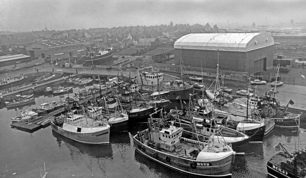 Taken in the mid-1980s from the top of the ice plant, this photo depicts a typical scene of wooden and steel-hulled whitefish boats, berthed six out in Port Hendry harbour.