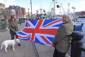 Lisa Tamlin and Anne Symonds, together with the English bull terrier Gerrard, made the long journey from Kirkby Lonsdale in Lancashire to support UK fishermen, and will be in Parliament Square on 29 March.