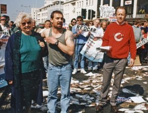 Jim Portus (right), leader of the SWFPO, was a main player in the Save Britain’s Fish campaign, and led many protests like this one at Plymouth, dumping fish that would have been discarded at sea on the main road in Plymouth city centre, to highlight the CFP rule of quota management by dumping dead fish at sea.