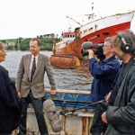 Jim Portus (centre) was interviewed by local television when, almost 30 years ago, the biggest fine to that day was imposed on the Spanish flag of convenience vessel Blenheim. It was also under detention by the MCA, but a few days later slipped away overnight. The vessel, under the name Blenheim, never returned to the UK. It was a hot topic at the time, and local fishermen had daubed Blenheim with graffiti saying ‘stop illegal fishing’.