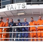 Good to go – the skippers and crew of Taits give the new midwater trawler the thumbs-up, while rigging out for the blue whiting fishery at Fraserburgh. Left to right: George Maitland, Jimmy Buchan, Bob Tait, JC Tait, George Cruden, Peter Tait, Willie Tait, Stephen Rennie, Steven Beagrie, Ewan Scott, Terry Cardno and Lewis Duthie.