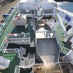 The C-Flow fish dewatering system is positioned in the middle of the forecastle deck amidships.