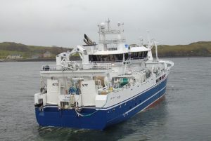 Starboard quarter view of Taits leaving Killybegs to return to the blue whiting grounds…