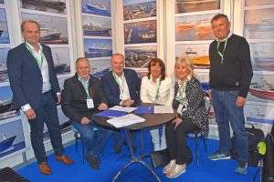 Eamon and Teresa McHugh (centre) are joined by Stephen (chief engineer) and Catherine O’Donnell, Kent Damgaard and MD Knud Karstensen, after signing the contract for Karstensens to build Antarctic.