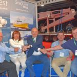 Killybegs united: Eamon and Teresa McHugh are congratulated by Bert, Neil and Brendan Leslie of SeaQuest Systems Ltd, who will supply a complete deck machinery package to the new Antarctic.