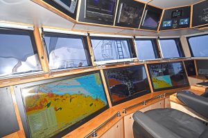 Display configuration on three 49in screens in the main wheelhouse console is controlled through Woodsons’ new 4K Multiview system.