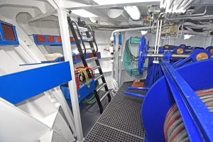 The three-drum trawl winch, supplied by EK Marine of Killybegs, is housed in a dedicated compartment forward.
