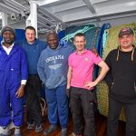 Skippers and crew look forward to getting going, after Fruitful Bough performed well on fishing trials. Left to right: Richard Hammond, Aigars Fisers, Abed Annang, skipper Robert West and relief skipper Alistair Reid. Crewmen Piotr Giowacki and John Agbagba were unavailable.