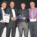 Craig McBurnie of sponsor Sunderland Marine with Trainee Fisherman of the Year award winner Gavin Burnett (Ocean Endeavour PD 625). (Rory Brickley (Victory Rose WY 34) not available.)