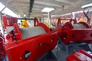 The main 20t split trawl winches are mounted forward on the main deck.