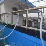 Four individually operated seawater sprinker outlets are piped through the port and starboard stainless steel safety rails.