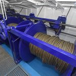 A large-capacity three-drum winch, manufactured in-house by the yard, is housed in a dedicated winch room forward on the main deck.
