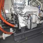 A Cummins QSL9 variable-speed auxiliary engine runs the vessel’s main hydraulic pumps through a Centa drive unit.