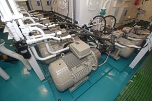 Electro-hydraulic pumps for the deck machinery are housed in a dedicated room on the main deck.