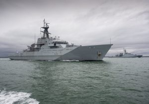 HMS Tyne and HMS Medway in formation in the Solent.