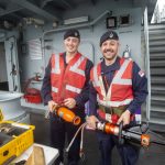LET (ME) Richard Church and ET (ME) Matthew Wiltshire checking the ship’s firefighting systems and ‘jaws of life’, which are used in damage control.