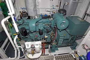 One of the two Mitsubishi 6D16T auxiliary engines, which drive 125kW Stamford 415/3/50 generators.