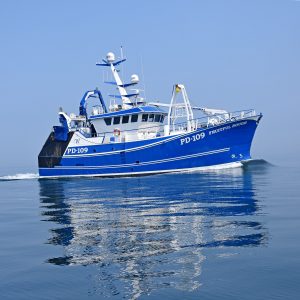 The new Peterhead twin-rig trawler Fruitful Bough returning to Whitby in tranquil conditions.