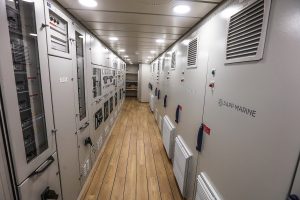 … remotely operated through cabinets in a dedicated room on the main deck.