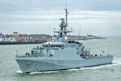 The Batch 2 River-class patrol vessel HMS Trent enters Portsmouth harbour after her delivery trip from Glasgow.
