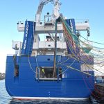 Stern view of Lunar Bow, as the crew take on a new 1,300m dual-purpose mackerel/herring net from Jackson Trawls.