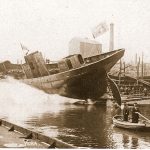 Vera H 960 being launched at the famous Cook, Welton and Gemmell yard in Beverley near Hull. Vera was thought to be the first Hull trawler to land 2,000 kits (one kit was 10 stone) from one trip, skippered by Chris Poulson, in around 1910. The Beverley yard built scores of trawlers for the distant-water fleets of Hull, Grimsby and Fleetwood in the first half of the 20th century.