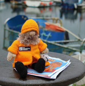 Fishermen’s Mission mascot Little Albert visits Plymouth to help raise funds.