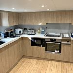 Alcedo’s well-equipped galley is arranged on the port side of the full-width deckhouse forward of the adjoining messdeck.