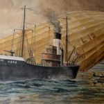 This painting of the Hull trawler Olivene H 849, standing by a shot-down Zeppelin, hangs in the Ferens Art Gallery in Hull. Zeppelins were a type of rigid airship patented in Germany in 1895. During the First World War, the German military used Zeppelins as bombers and scouts, killing over 500 people in bombing raids in Britain.