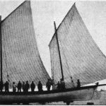The yawl Happy Return, showing the sail pattern with the mizzen sheeted to the long bumkin. That dipping lug, though a powerful propellant, was a handful to get around the mast on tacking, and could be caught aback by a sudden wind shift, with potentially disastrous consequences.