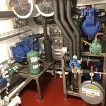 Compressors for the fishroom deckhead and floor chilling systems and Buus 4.5t flake ice machines.
