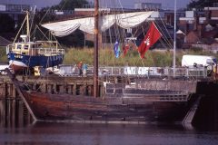 The cog – the replica is seen here at King’s Lynn, another Hanse port, on the same trip – was bigger and stronger than other ships of the time…