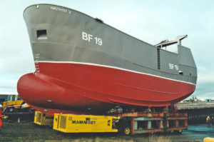 Amethyst II, showing her large displacement hull form, ready for launching on Teesside.