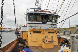 The 10-drum trawl winch is housed in a compartment under the wheelhouse. (Photo: Hanneke de Boer)