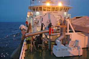 Preparing to pump herring onboard Chris Andra as darkness comes in.