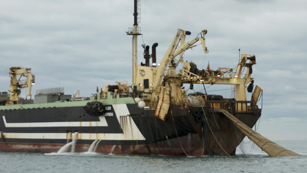 The Lithuanian-registered supertrawler Margiris, seen fishing in the English Channel in October 2019, is ‘one of the four biggest supertrawlers on earth,’ says Greenpeace. (Photo: Greenpeace) 